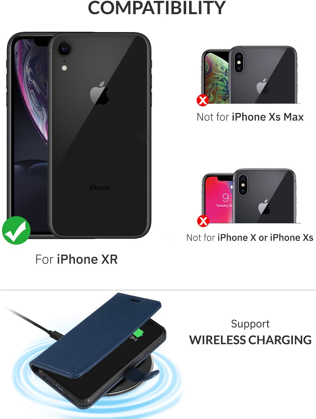 KILINO iPhone XR Wallet Case [Saffiano Leather][RFID Blocking] [Shock-Absorbent Bumper] [Card Slots] [Kickstand] [Soft TPU] [Magnetic Closure] Flip Folio Cover for iPhone XR (Blue)