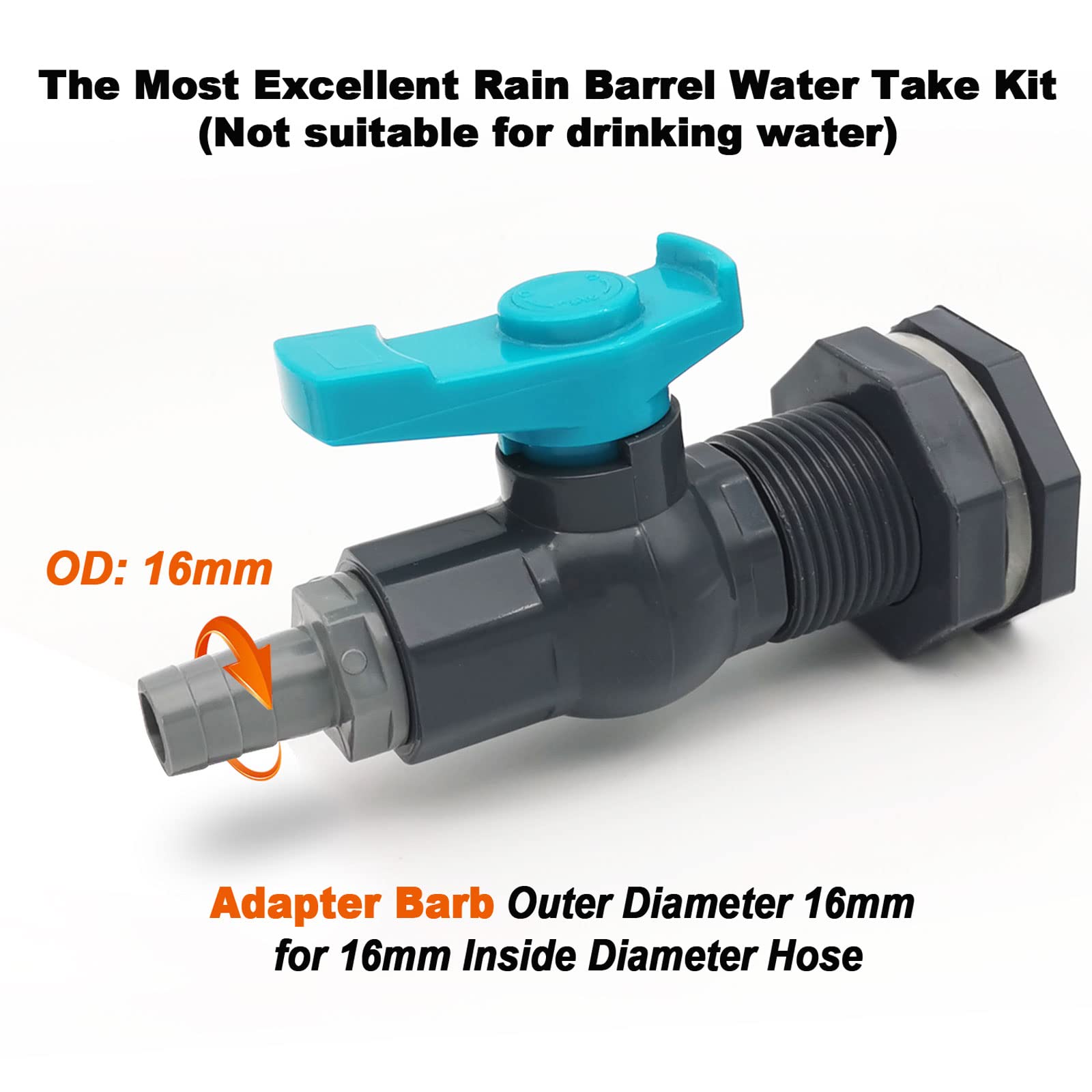 Kit de grifo de PVC para barril de lluvia, kit desviador de barril de agua con accesorio de mamparo, válvula de bola, manguera de jardín (adaptador de 16 mm), abrazaderas de tubería, cinta de