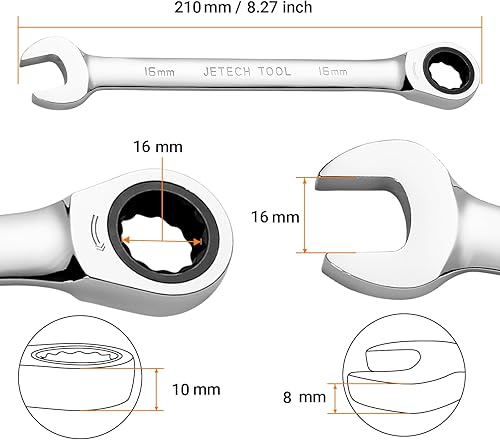 Miniatura 2 de Jetech Llave combinada de trinquete de 0.630in, llave de engranaje de grado industrial con diseño de 12 puntos, trinquete de 72 dientes, fabricada