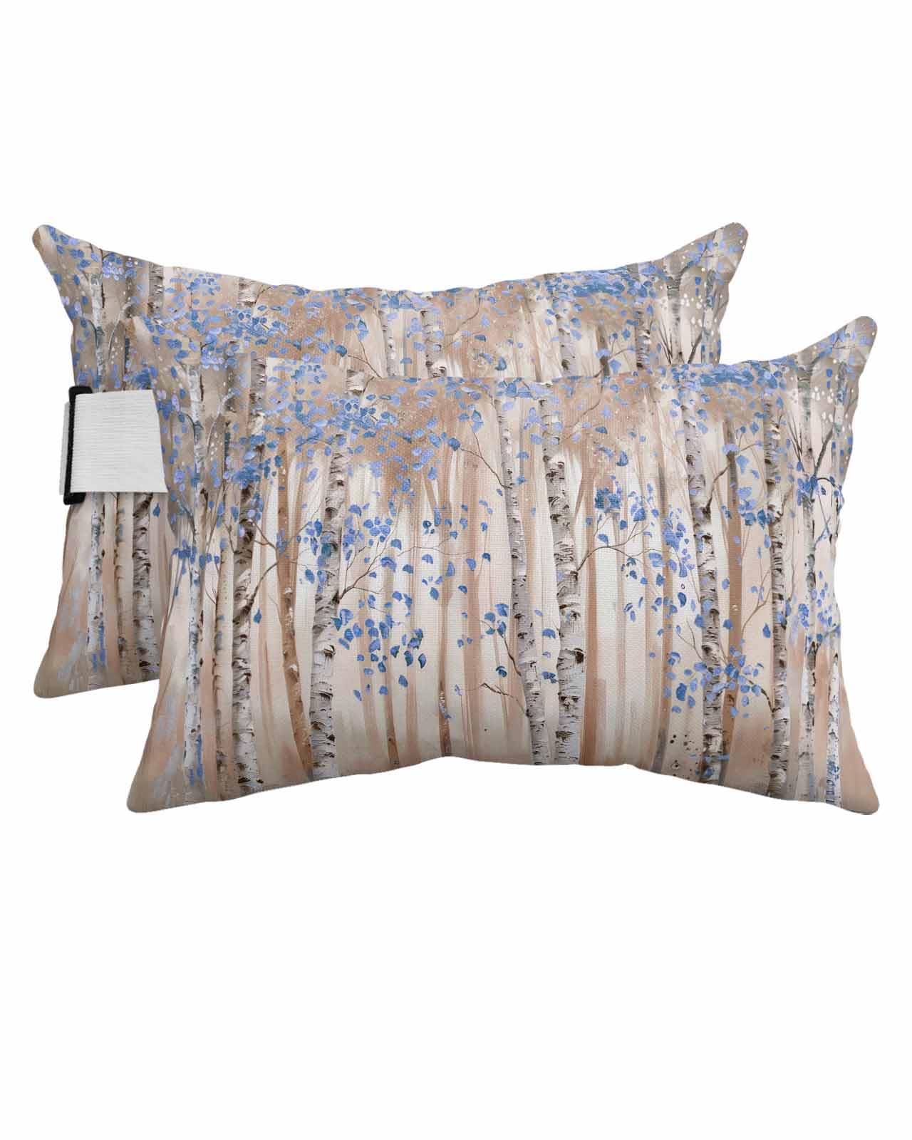 Outdoor Pillows Covers with Inserts Blue Leaves Impressionist Forest Oil Painting Art Waterproof Pillow with Adjustable Strap Throw Pillows for Patio Furniture Pool Lounge Chair, 12x20 Inch, 2PCS