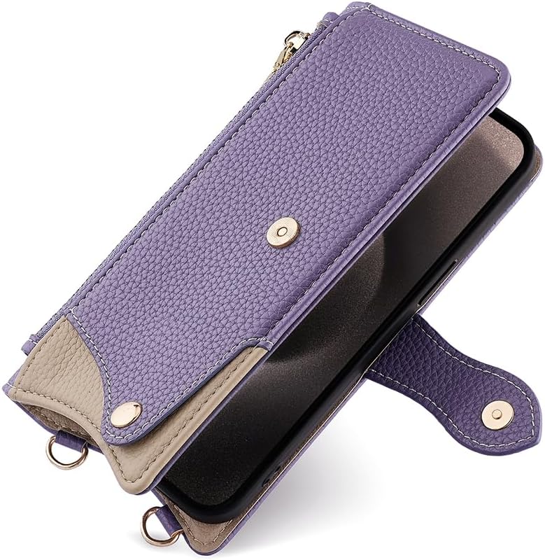 Cover Compatible with Motorola Moto G15 / G15 Power Lanyard Zipper Wallet【Card Slot】【Flip Stand】【Magnetic Clasp】【Phone Case】 Purple