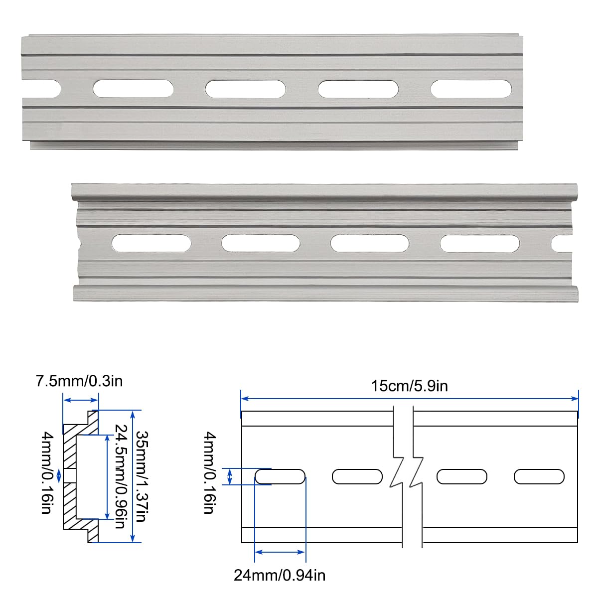 10 Pcs 6 Inch Aluminum DIN Rails, Top Hat Slotted DIN Rail, 7.5 mm Height x 35 mm Width x 6 Inch Length, with 20 Pcs MXU-DIN-100 Screws for Hardware Components Mounting