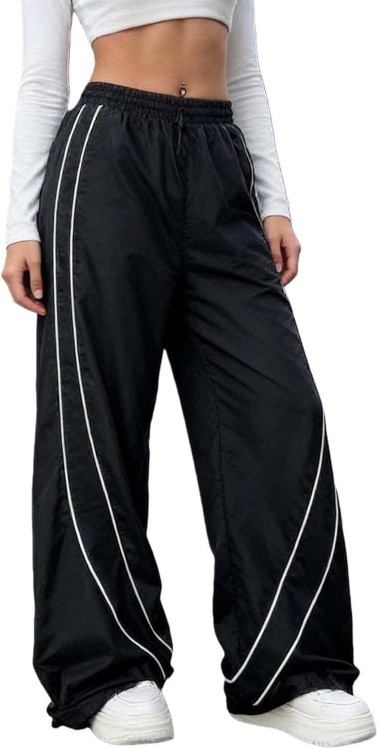 FCOOLYEET Women's Cargo Pants Y2k Drawstring Striped Parachute Pants Wide Leg Baggy Sweatpants Joggers Streetwear