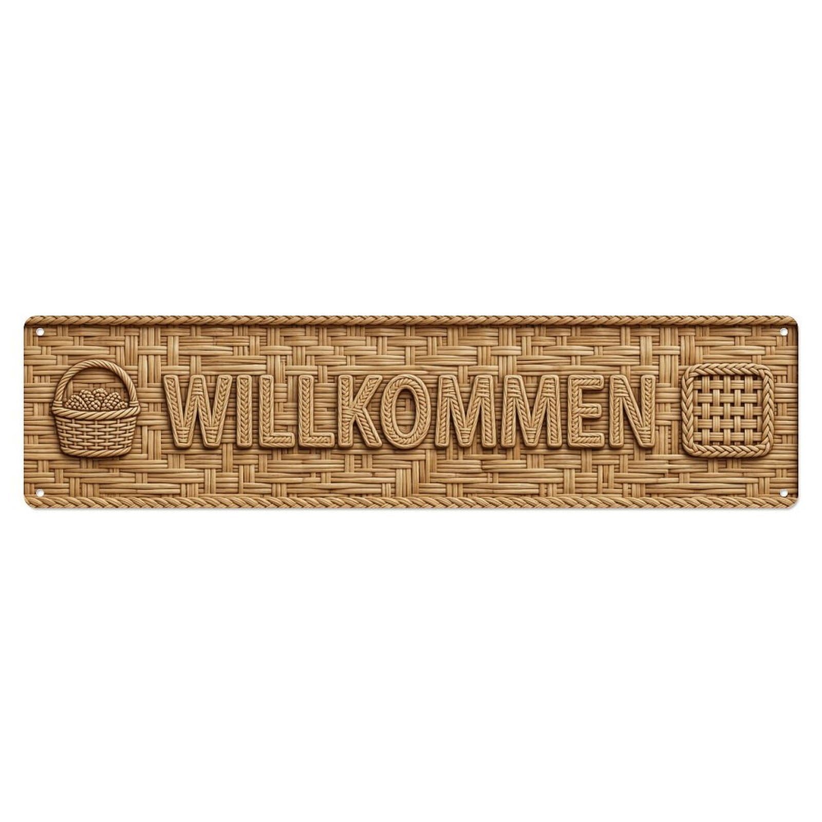 Wicker Basket Woven Natural Welcome Metal Tin Sign