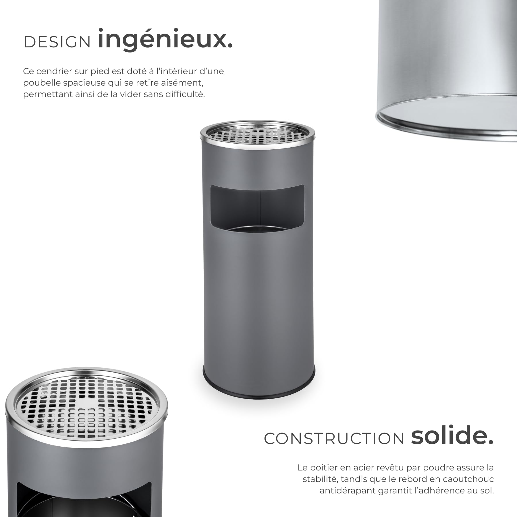 Cendrier sur pied 25 x 61 cm avec poubelle 30L intégrée, Gris anthracite