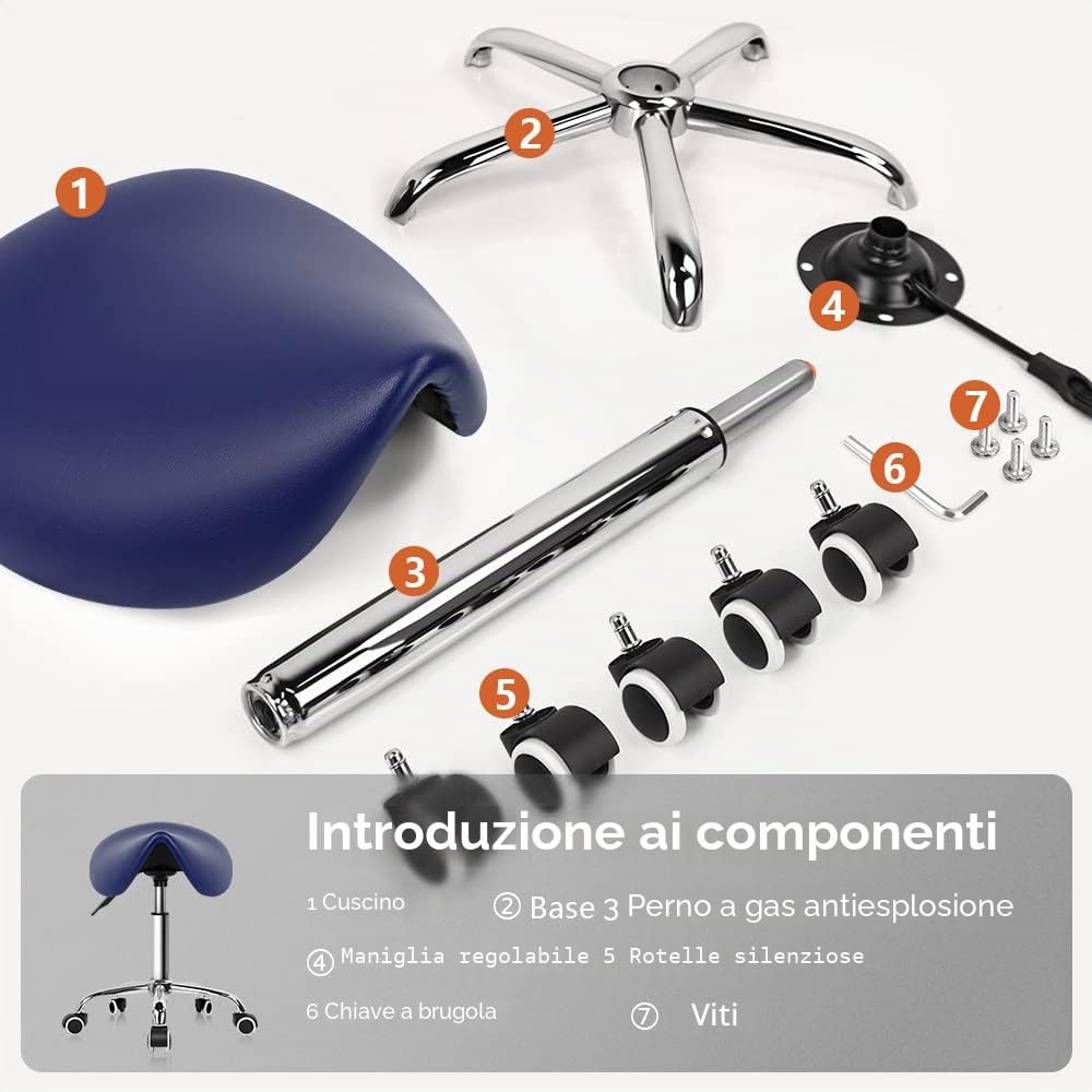 KKTONER Sgabello da Sella con rotelle Sgabello con rotelle Regolabile in Pelle PU con Ruote Colore Blu