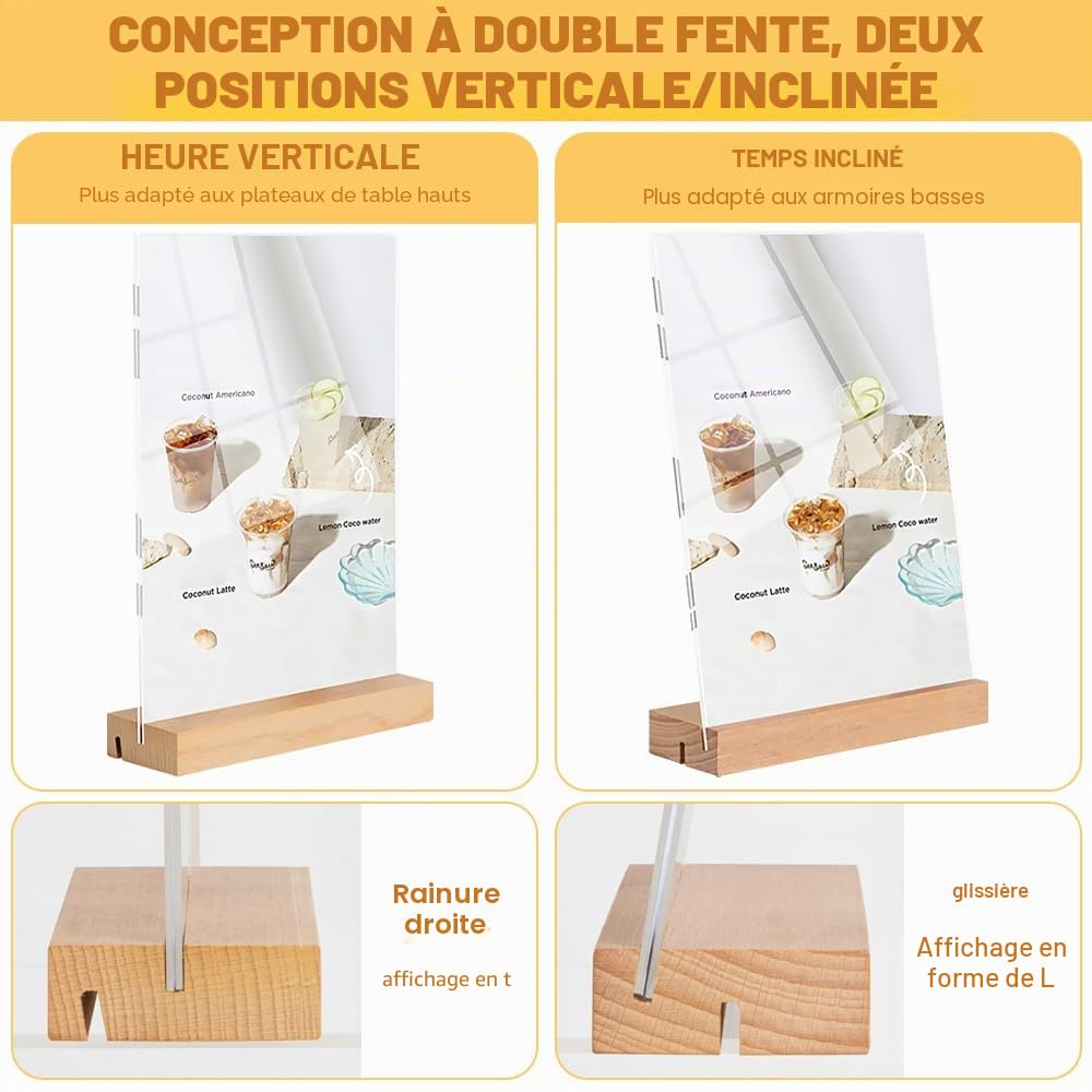 Lot de 3 Présentoirs de Table A5 en Acrylique Transparent avec Base en Bois-Porte-Affiche/Panneau Publicitaire pour Menus,Photos, Publicité (A5-6Pièces-A) | Présentoir double face pour étiquettes de prix et menu pour restaurants, cafés, bureaux