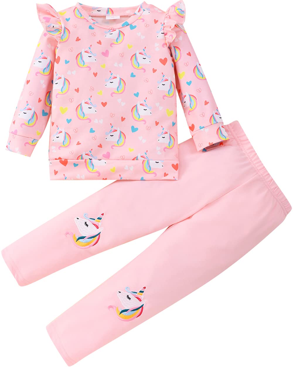 Little Girls 2 Piece Outfits Ruffle Sleeve Unicorn Sweatshirts Top and Leggings Set School Outfits Kids Clothing Set