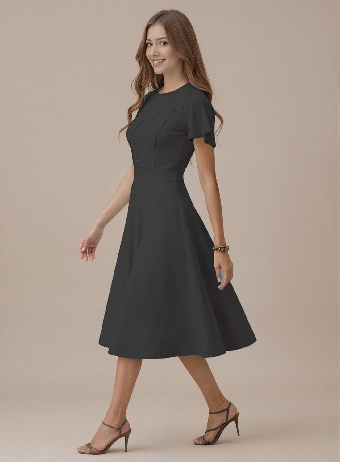 FENJAR Women's Elegance Fit and Flare Cocktail Dress - Casual Ruched A-Line Flowy Midi Dresses for Wedding Guest, Church.. - Image 3