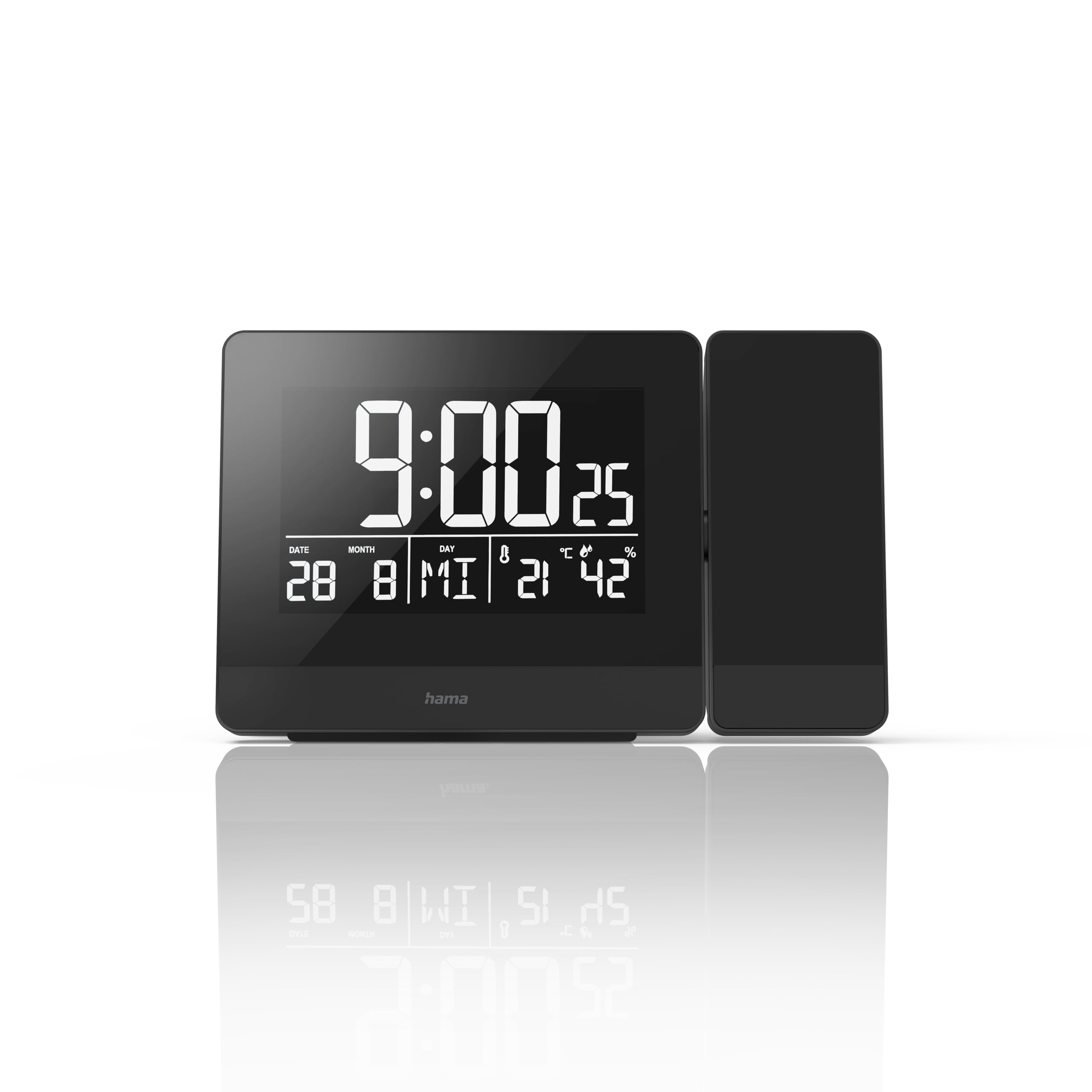 Hama Réveil à Projection 'Plus Charge' (Projection de l'heure sur Le Plafond, pivotable 360°, Radio piloté DCF, Thermomètre, Hygromètre, Port USB de Charge) Noir