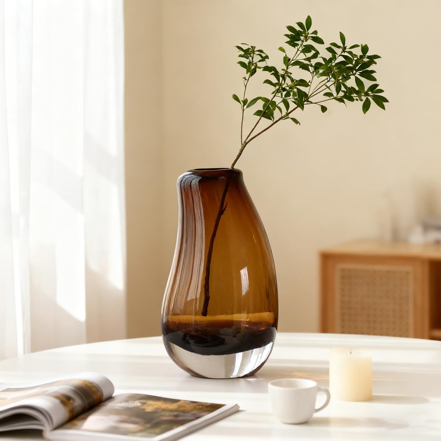 Amber Glass Vase, Hand Blown Brown Glass Vase 8.5in, Amber Flower Vase for Pampas Grass & Fresh Flowers, Brown Vases for Centerpieces, Modern Flower Vases Home Decor