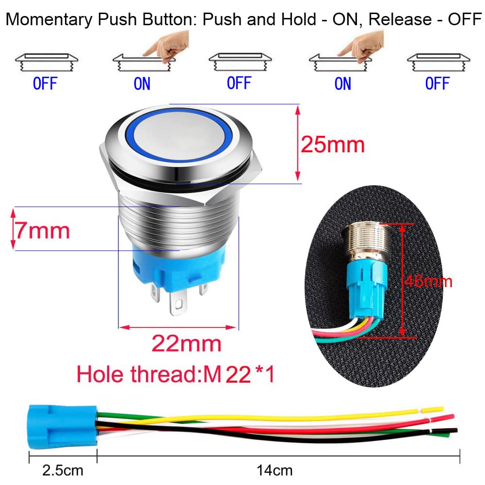 URTONE UR168 Momentary Push Button Switch - 16mm Stainless Steel With Blue LED
