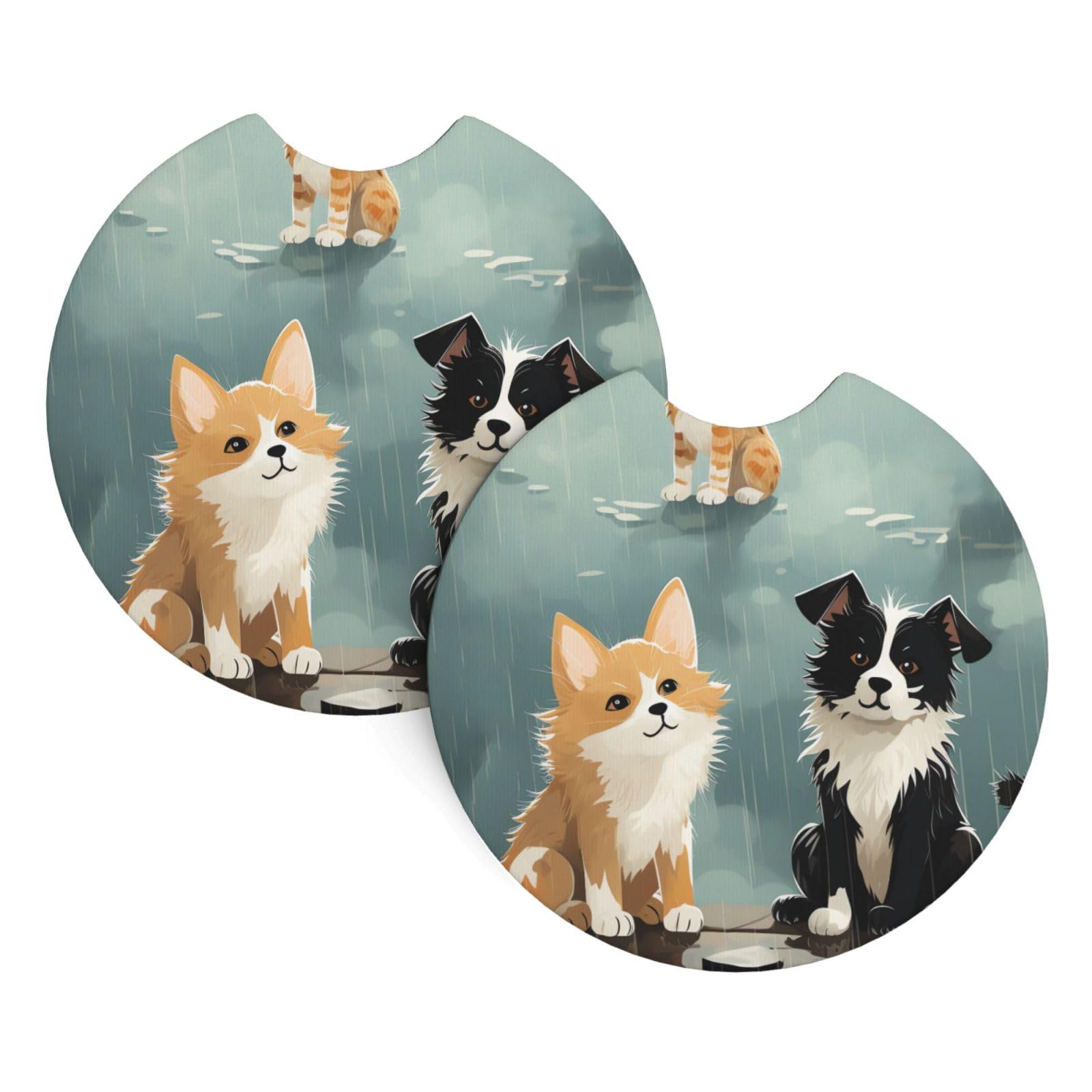 2 Pack Car Coaster for Cup Holders Rain Cat and Dog Car Cup Coaster 2.7" Neoprene Non-Slip Automotive Cup Mat Universal Auto Car Interior Accessories for Women Men Cup Pad