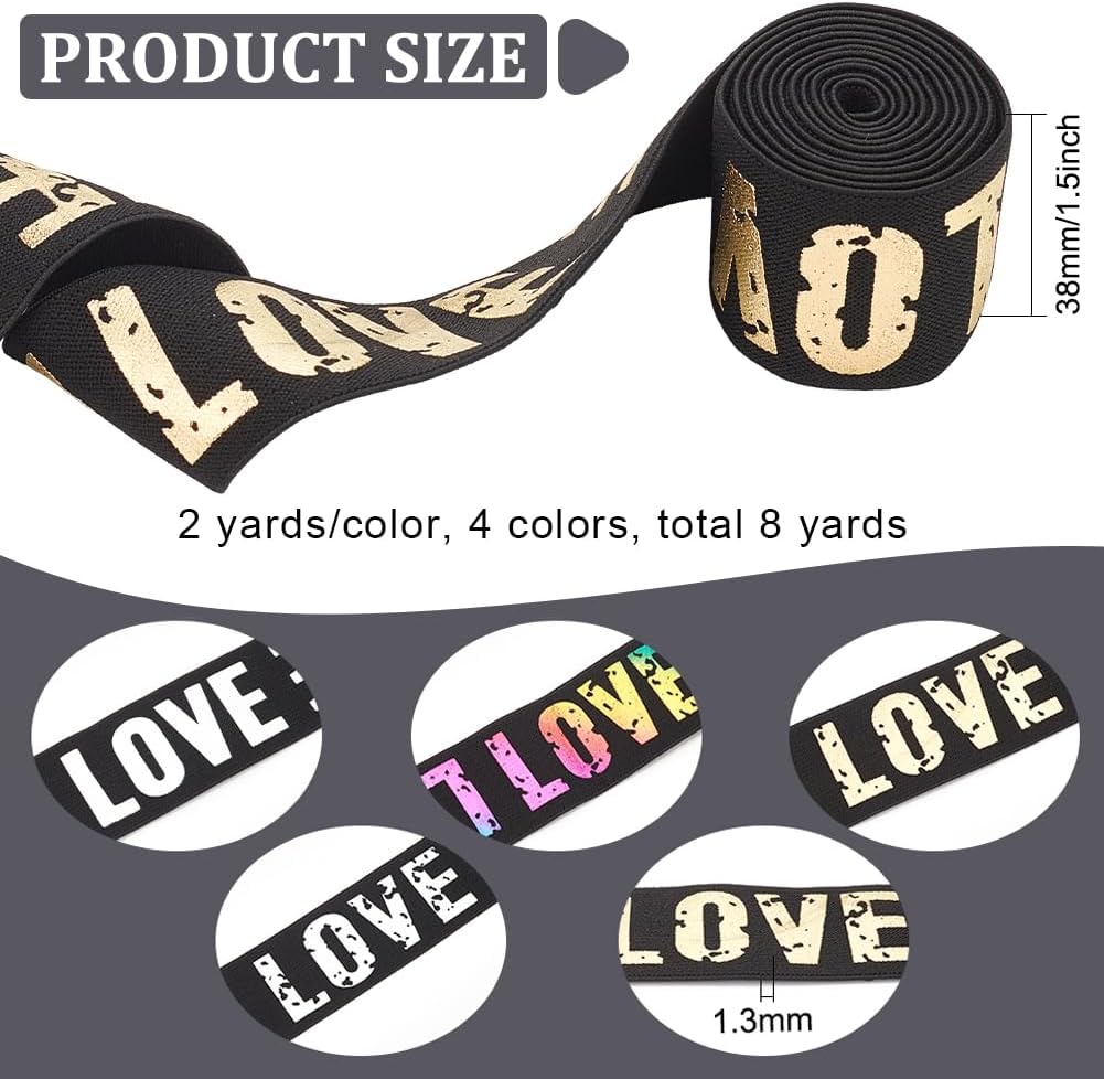 BENECREAT 8 Yards 4 Colours Flat Love Heart Polyester Wide Elastic Cord with Love Heart Ribbon Trim, Elastic Fibre Elastic Cord for Curtain Decoration, Clothes and DIY Crafts, 1.3mm Thick