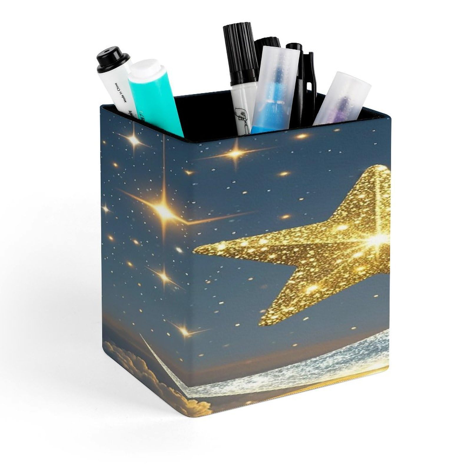 FekiLoot Golden Stars And Moon Pen Holder for Desk Minimalist Leather Pencil Holder Fashion Modern Pencil Cup Decorative Square Pen Cup Locker Organizer for Office Work Locker Accessories