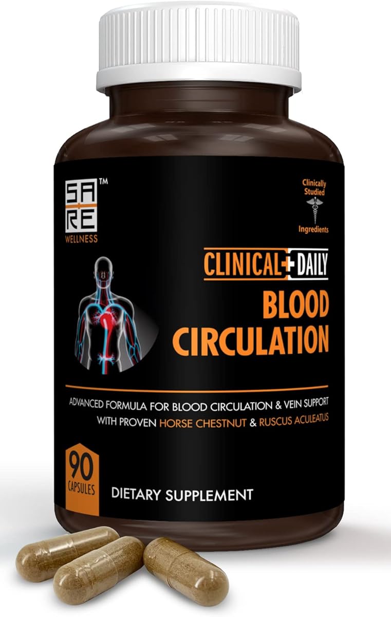 Clinical Daily Blood Circulation Supplements. Butchers Broom, Horse Chestnut, Hawthorn, Cayenne, Arginine, Diosmin Varicose Veins Treatment for Legs. Poor Circulation and Vein Support. 90 Capsules.