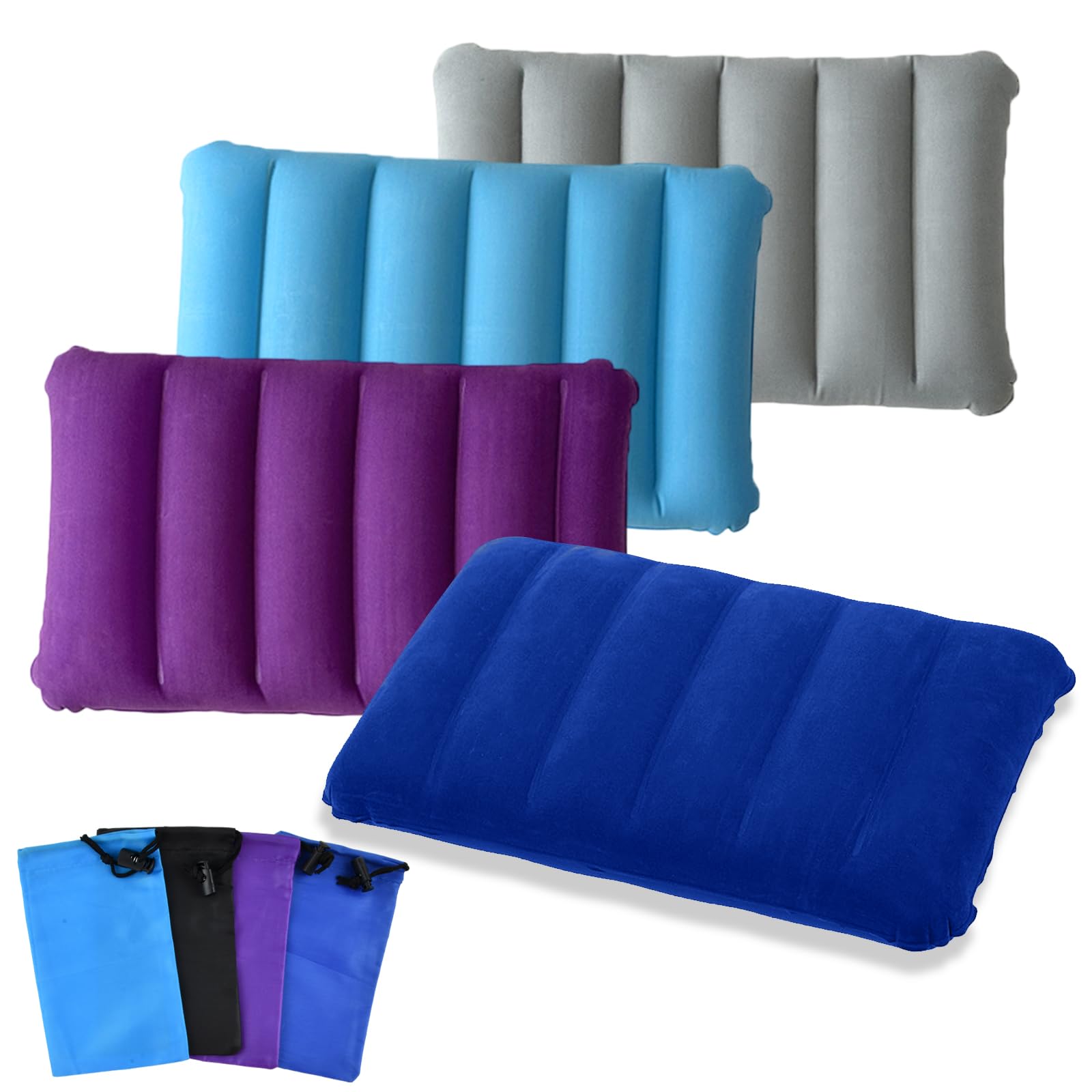 Zirax 4 Pcs Inflatable Pillow, Soft Flocked Blow Up Travel Camping Pillow, Ultralight Compressible Compact Air Pillows with 4 Storage Bags, Inflatable Flocking Cushion for Picnic Hiking Beach Fishing