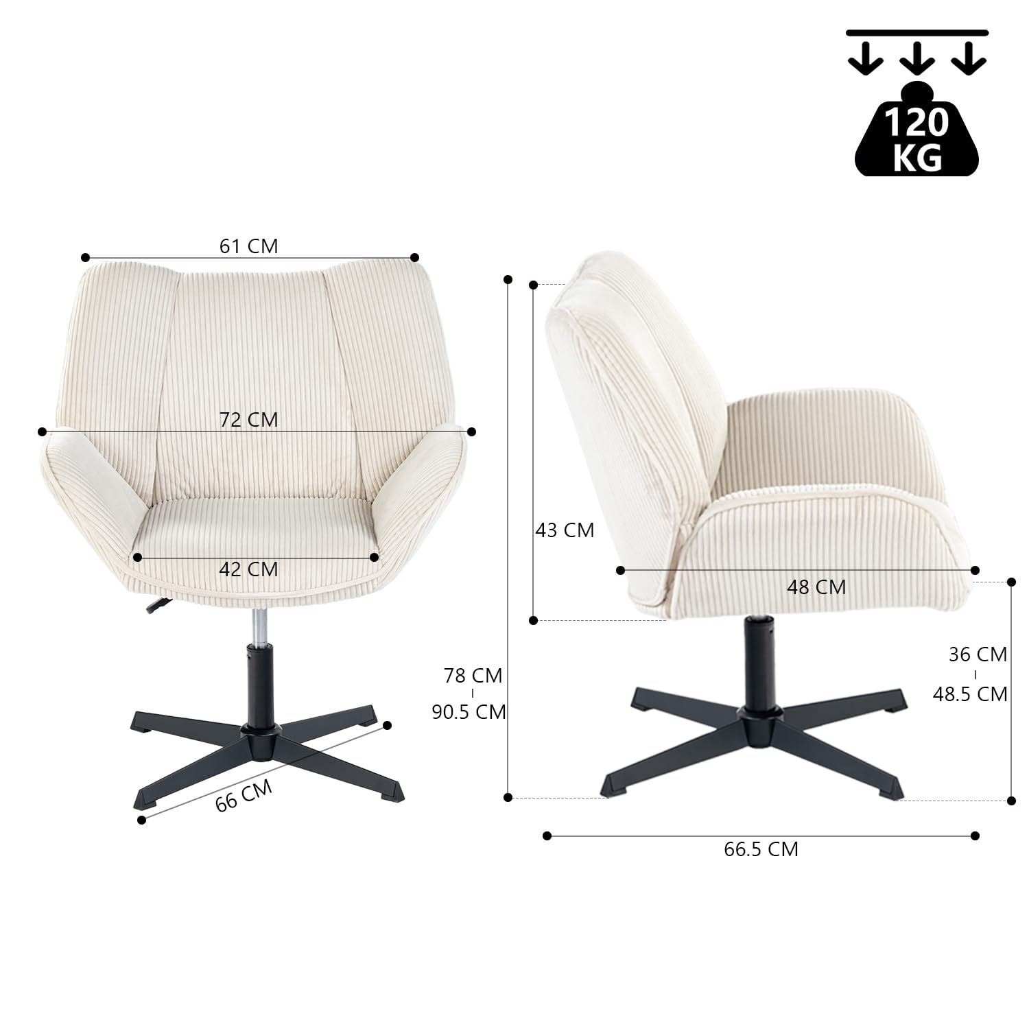 MEUBLE COSY Silla de Oficina Giratoria 360°, Altura Ajustable, Acolchada con Espuma en Tela de Pana, para Escritorio Estudio, sin Ruedas, Beige