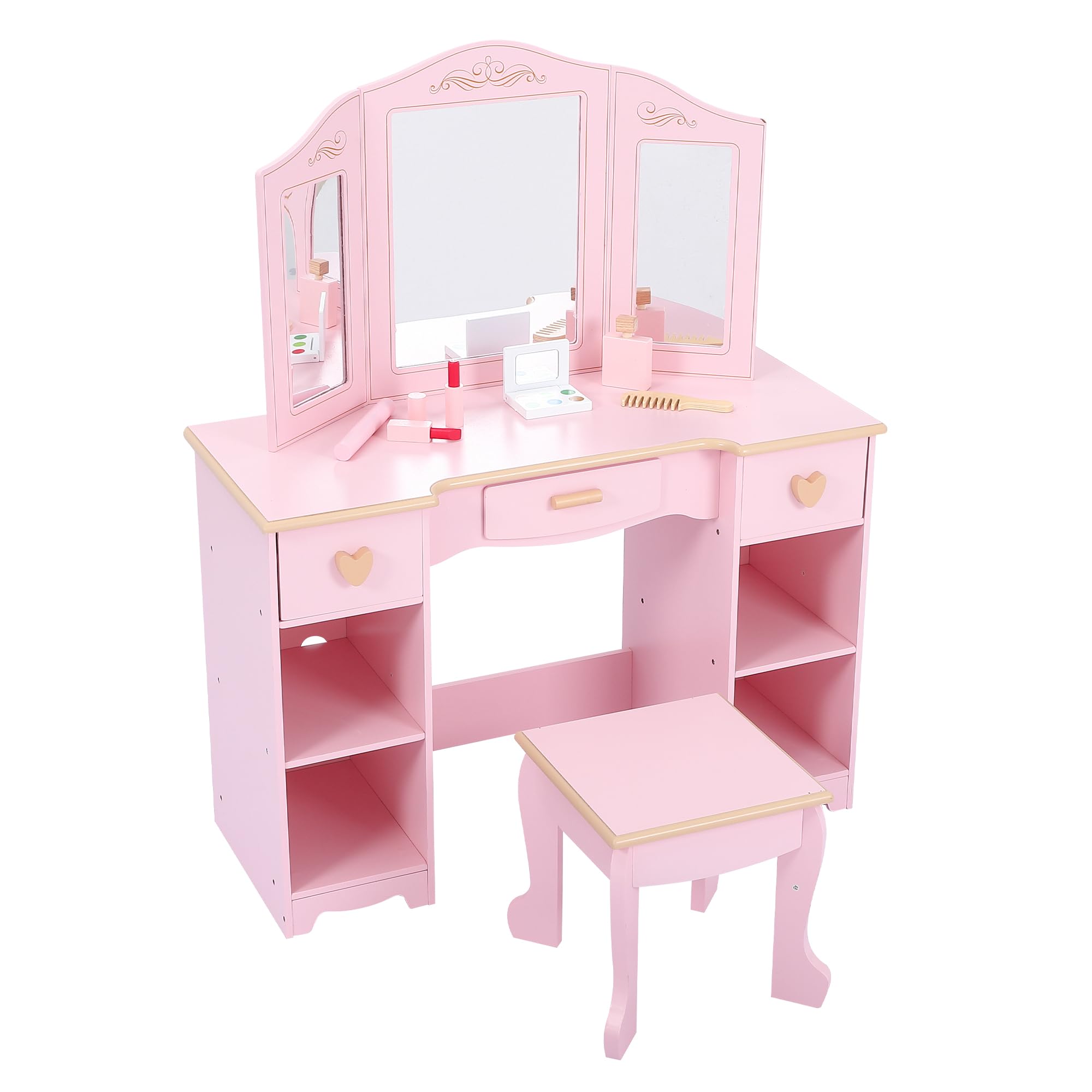 Girls Vanity Table and Chair Set, Kids Vanity Makeup Desk for Little Girl, Wooden Toddlers Princess Dressing Table with 3 Drawers, Tri-Folding Mirror, Large Storage Shelves, Pink