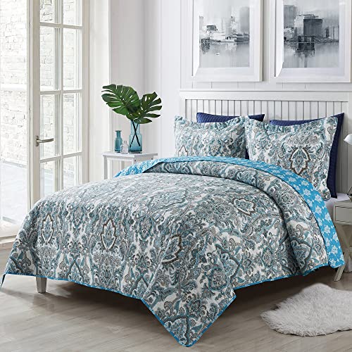 Travan Bedspread Quilt Set 3-Piece Lightweight Reversible Cotton Oversized Quilted Bedding Set For All Season, Blue Damask, King Size #TOP1