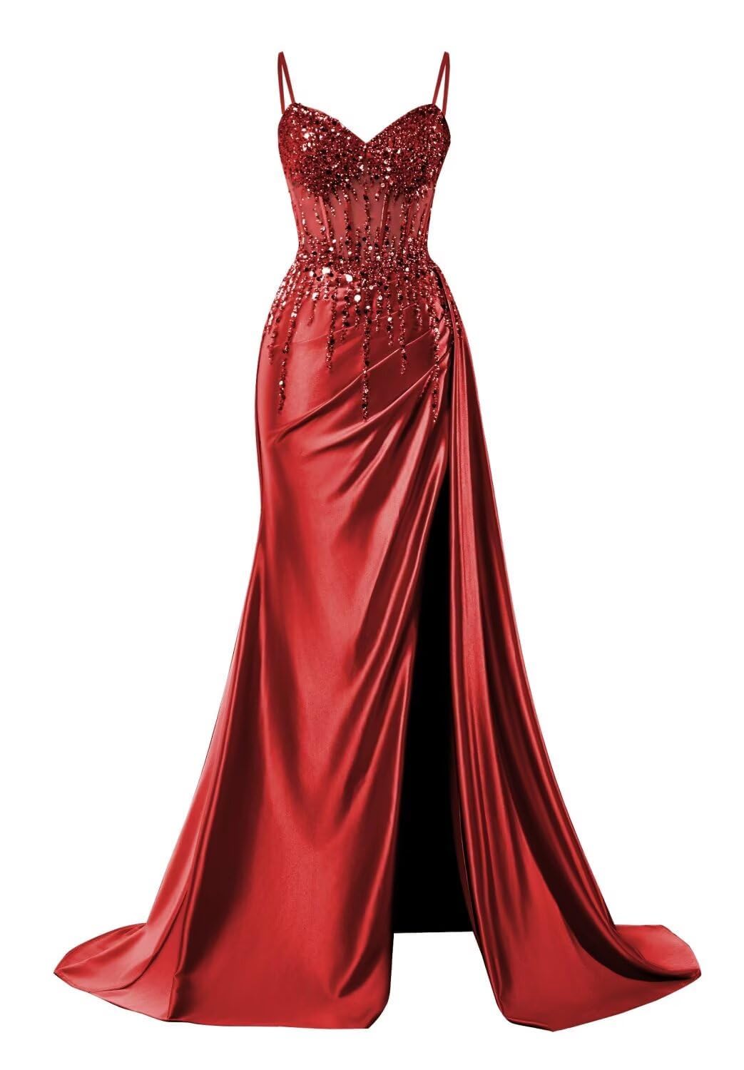 Hppee Women's Wine Red Prom Dresses For With Slit Spaghetti Strap V Neck Satin Mermaid Celebrity Pageant Dress Formal Gown Uk10