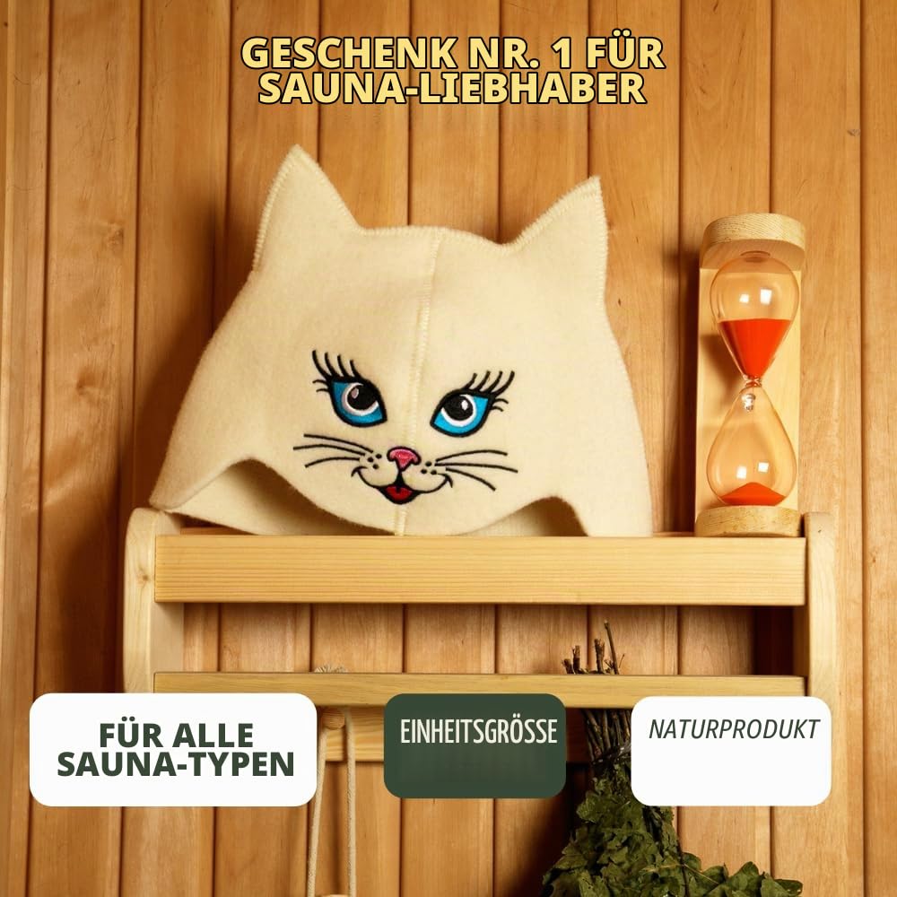 Saunahut 'Sauna Kitten Cat' White Wollfilzmützen - Schützen Sie Ihren Kopf vor Hitze - Englische Sauna E-Book Handbuch inklusiv - mit Stickerei