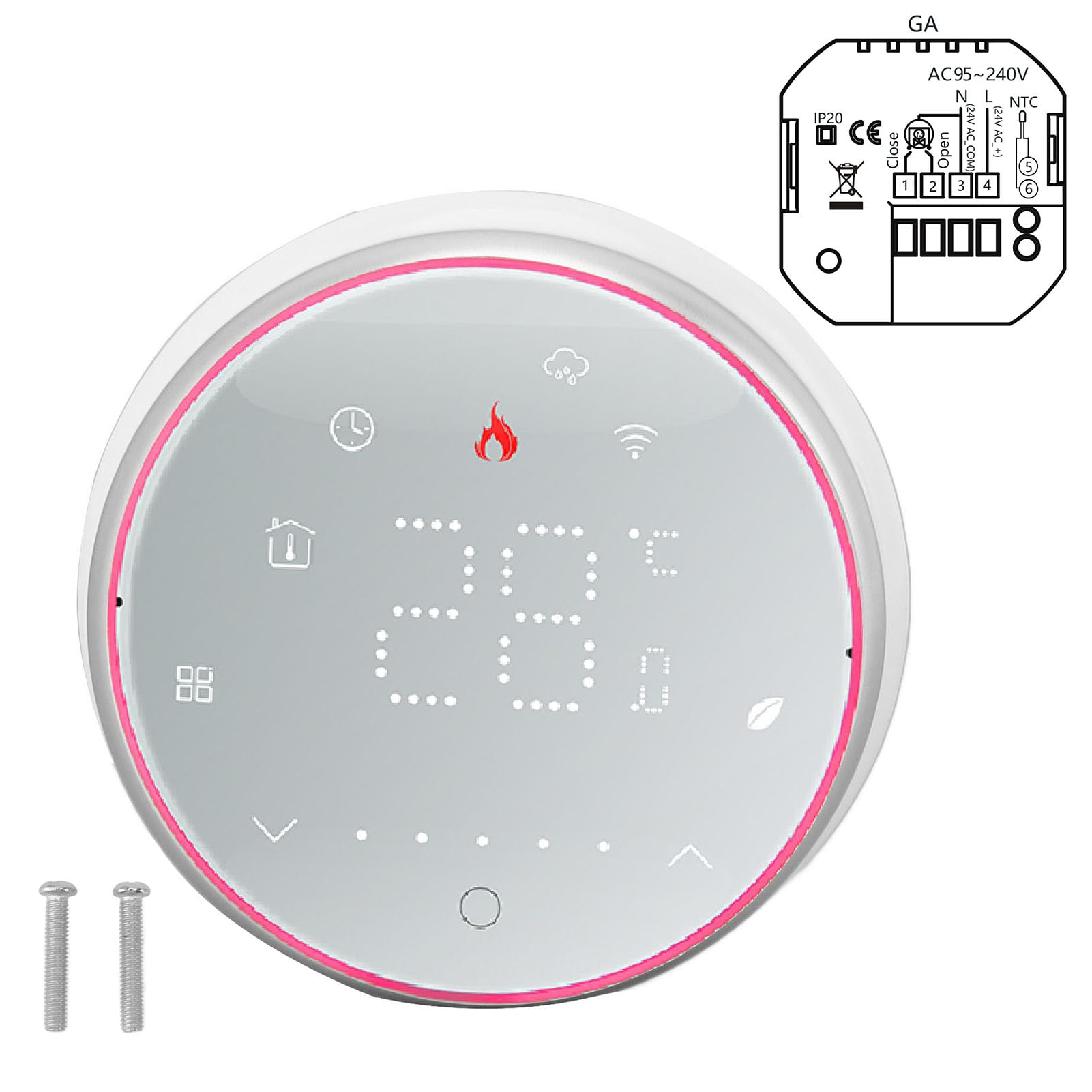 Yosoo Health Gear Inteligentny Termostat Domowy, Bezprzewodowy Inteligentny Termostat ze Sterowaniem Głosowym w Aplikacji Wi-Fi, Ekran Dotykowy LED, Program Tygodniowy od 41 do 95°F, dla (WHITE)