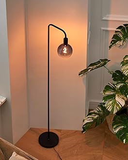 ONEWISH Floor Lamp for Living Room - Minimalist Industrial Standing Lamp with Modern LED Bulb, Globe Black Clear Glass 6", 1800K Warm Ambiant Lighting Decorative Tall Floor Lamp for Bedroom Office