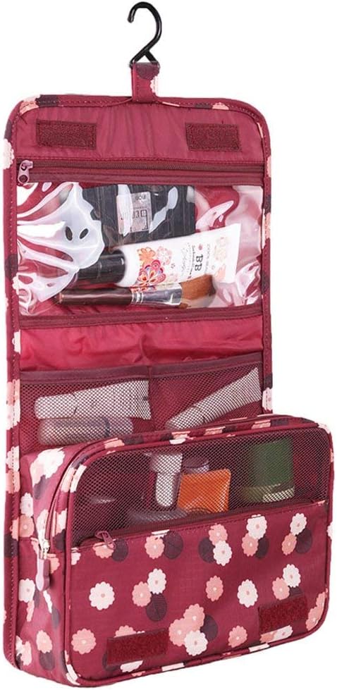 Axgo Toiletry Bag Multifunctional Cosmetic Bag Portable Travel Folding Make up Toiletry Bags with Hook (Wine Red Daisy)