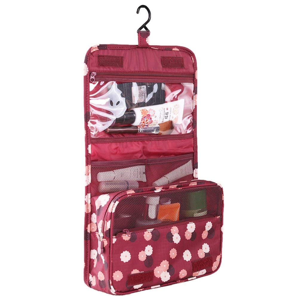 Axgo Multifunctional Cosmetic Portable Travel Folding Make up Toiletry Bags with Hook, Red