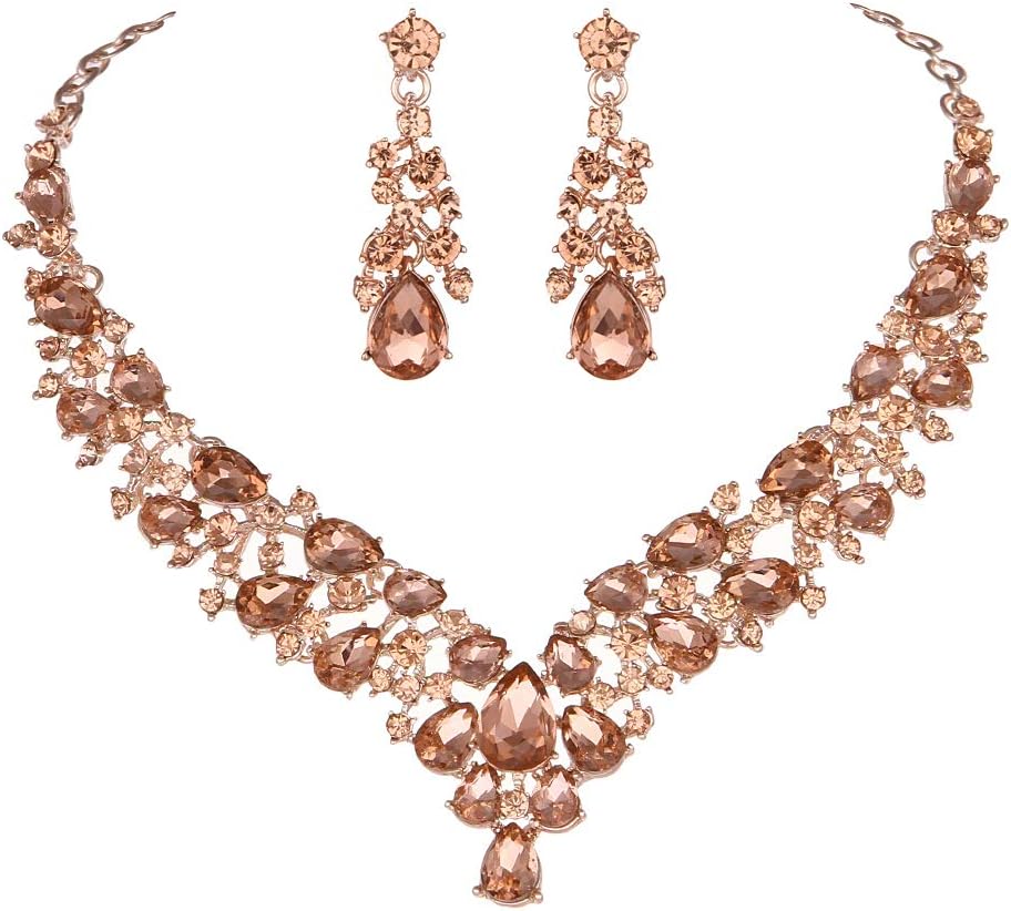 Molie Austrian Rhinestone Crystal Wedding Gown Prom Ball Necklace Earrings Jewelry Set for Brides Dress