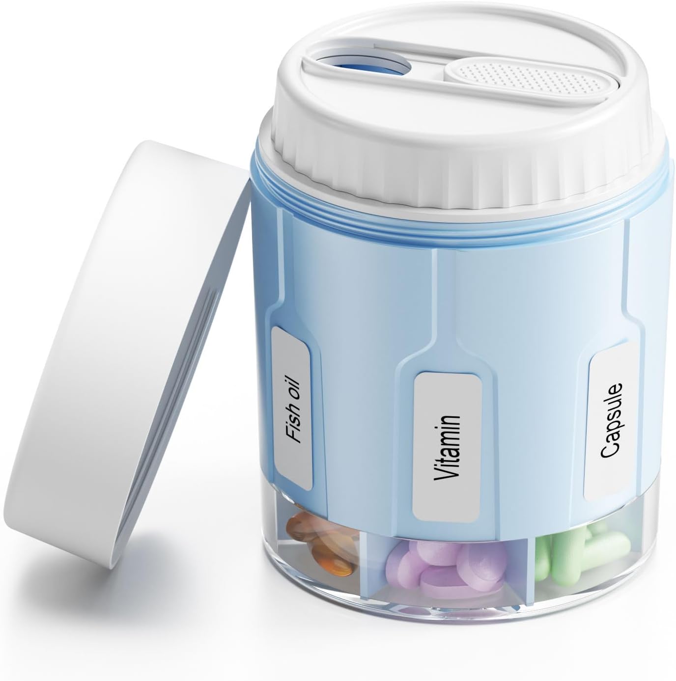 Daviky Vitamin Bottle Organizer, Supplement Organizer with 7 Large Compartments, Medicine Pill Dispenser with Two Lids（Blue）