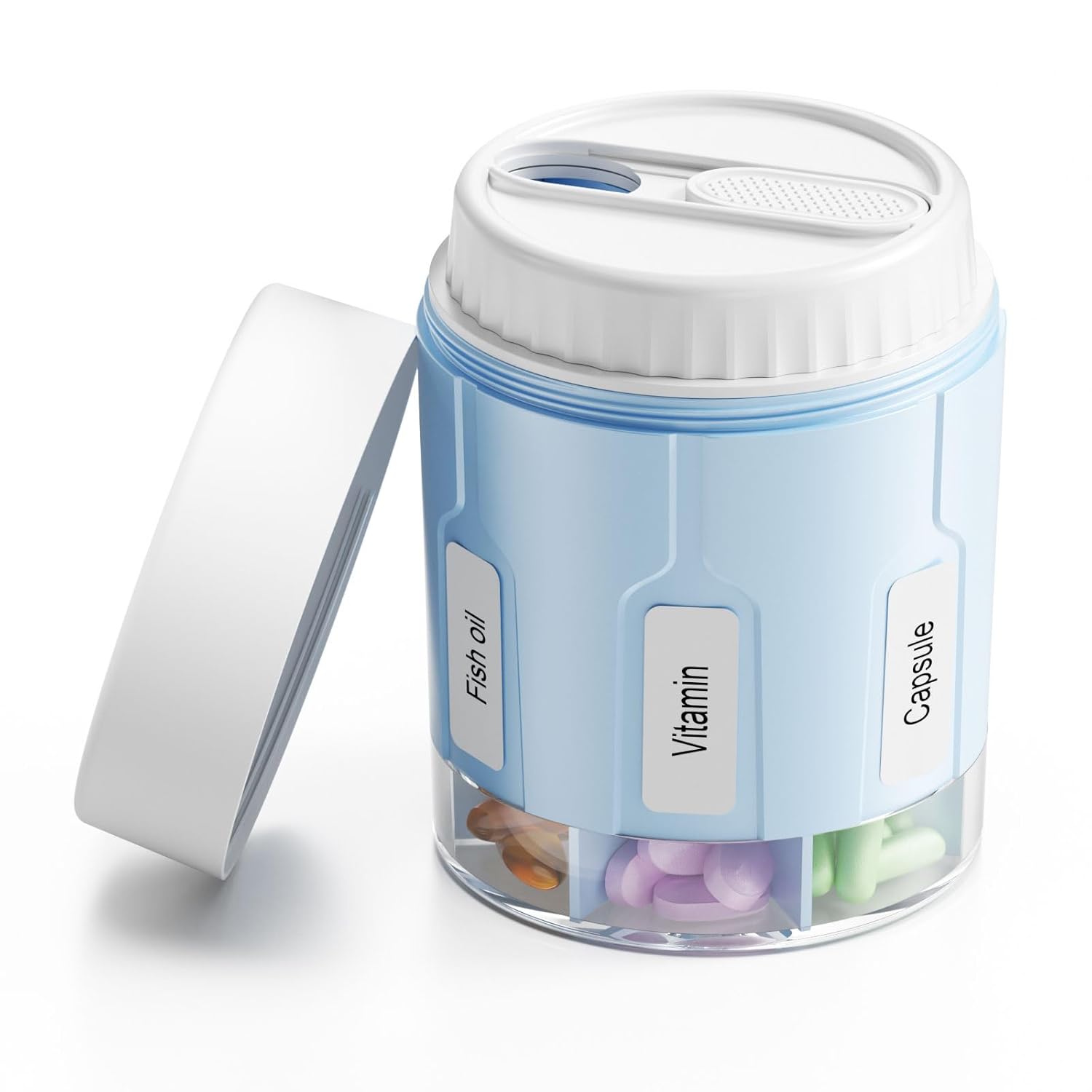 Daviky Pill Bottle Organizer Supplement Organizer with 7 Large Compartments Travel Pill Dispenser Round Pill Box with Two