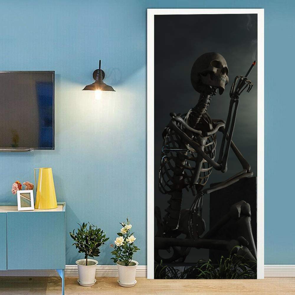 Sticker de porte squelette Halloween imperméable pour relooker un couloir sombre 88x200