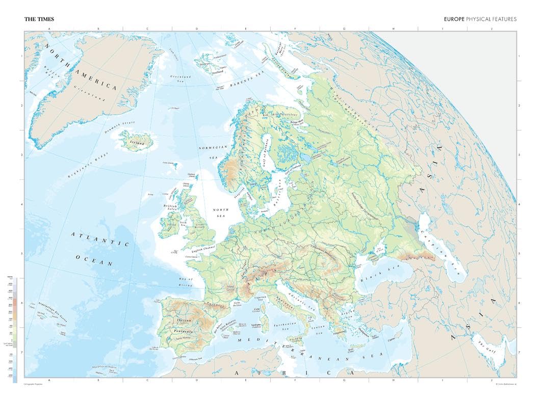The Times Atlas: Europa (cechy fizyczne) - kompaktowy - plakat 56 x 41 cm - laminowanie przednie
