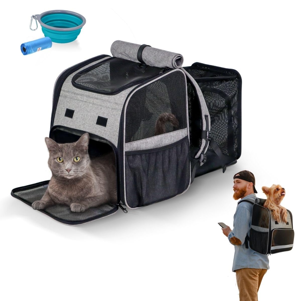 Mobiclinic® Pets, Zaino per Animali Domestici, Tula, Pieghevole, Ventilazione, Tasche, Include mangiatoia e Sacchetti, Accesso Multiplo, 37x29x37,5 cm, Trasportino per Cani e Gatti