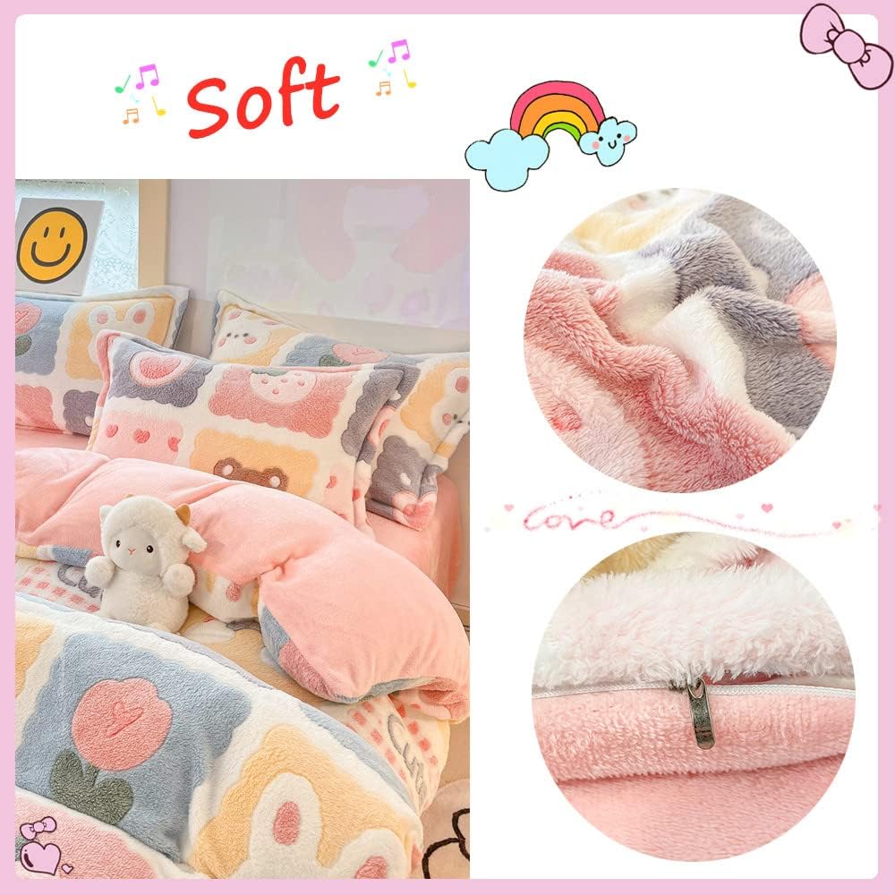 Plaid Duvet Cover Set Floral Duvet Cover Fluffy Comforter Cover Kawaii Cartoon Bunny Comforter Cover Soft Kids Duvet Cover Queen Bedding Set (Lovely Grid, Queen) - Image 4