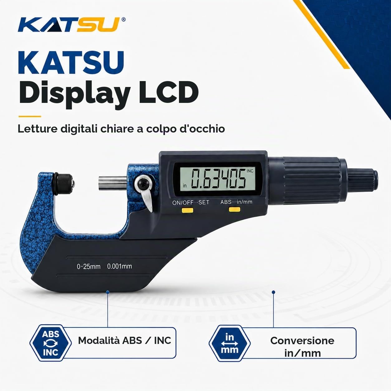 KATSU Micrometro Digitale 0-25 mm / 0-1" Alta Precisione LCD Micrometro Elettronico Esterno Calibro Digitale Millesimale Misura Inch/Metric con Modalità Assoluta e Incrementale 401330A