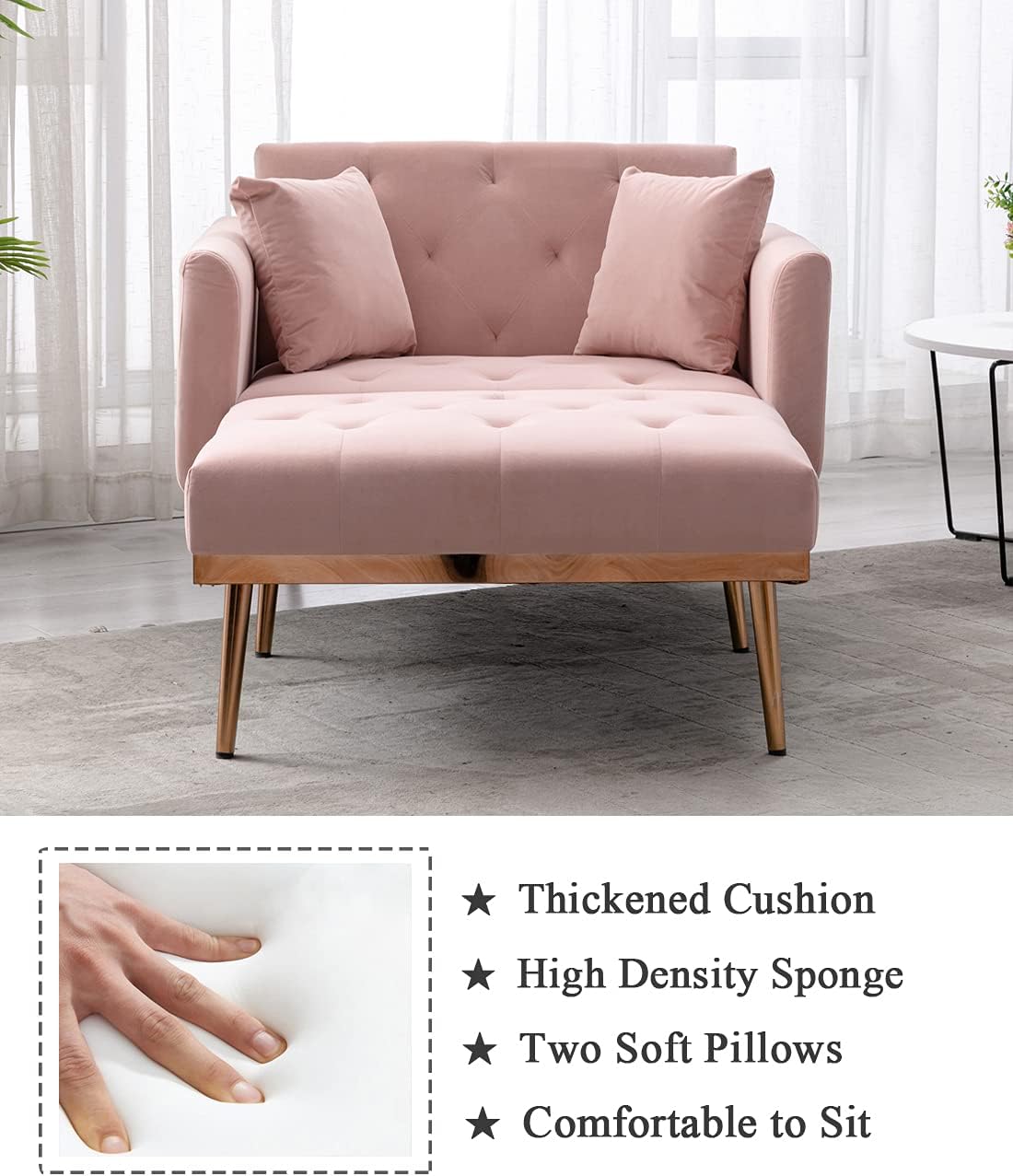 Velvet 2 in 1 Chaise Lounge Chair Indoor, Modern Single Sofa Bed with Two Pillows, Recliner Chair with 3 Adjustable Angles, Convertible Sleeper Chair for Living Room and Bedroom (Pink) : Home & Kitchen