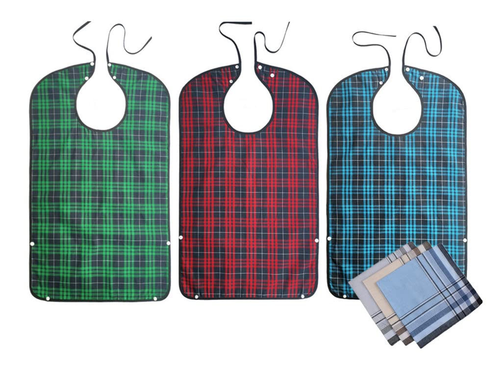 smile wood 3 PACK Adult Bibs For Eating - Waterproof Clothing Protector With Crumb Catche, Reusable, Machine Washable, Adult Dining Apron With Snap Closure Adjustable Strap For Elderly Women and Men