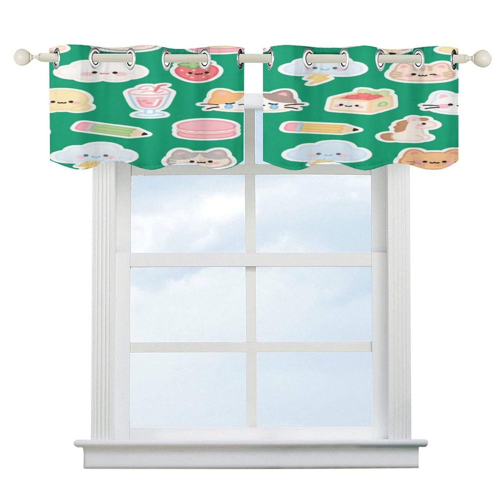Fekiloot Style Green Cat Stationery Short Curtains Valance Curtain