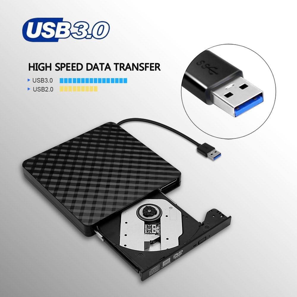 Fudong External DVD Drive, High Speed Data Transfer USB 3.0 External CD DVD Reader Writer Player for Laptop Desktop MacBook Mac OS Windows 10/8/7/XP/Vista