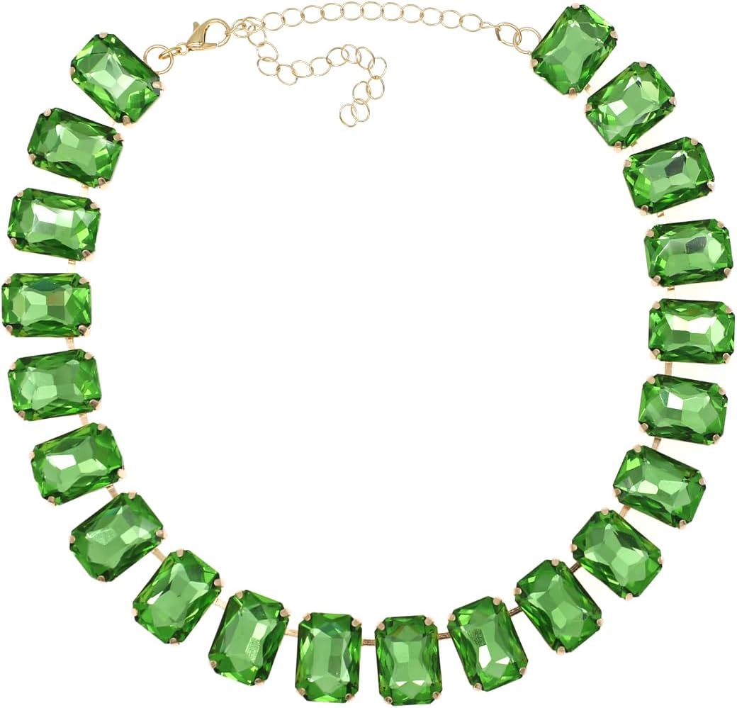 Crystal Rhinestone Gemstone Choker Collar Necklace for Women Sparkly Colorful Emerald Neck Chain Statement Necklace