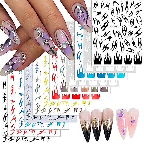 Irregular Geometric Line Nail Art Sticker Flame Pattern Nail Decals Holographic Gold Silver Black White Red Blue Nail Art Sticker Decals 3D Self-Adhesive Nail Sticker Design for Women DIY Manicure