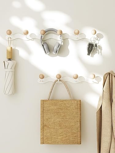 Miniatura 4 de Perchero montado en la pared, ganchos blancos adhesivos y atornillados, riel de gancho de madera antidesgarros, perchas de metal resistente para