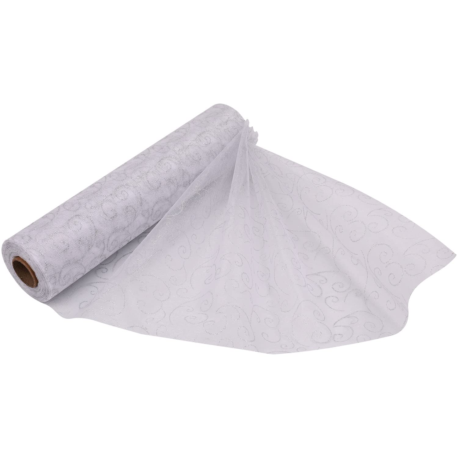 29cm x 25m Organza Roll Snow Sheer Fabric - Glitter Roll for Christmas Chair Bows, Table Runners, Dress Accents, Crafting Supplies for Ribbons, Party Favours, Swirl Design - White
