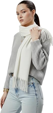 Luxury Cream Color Ruffled Long Weft, Soft Woven Fabric, Stylish Accessory for Winter Season
