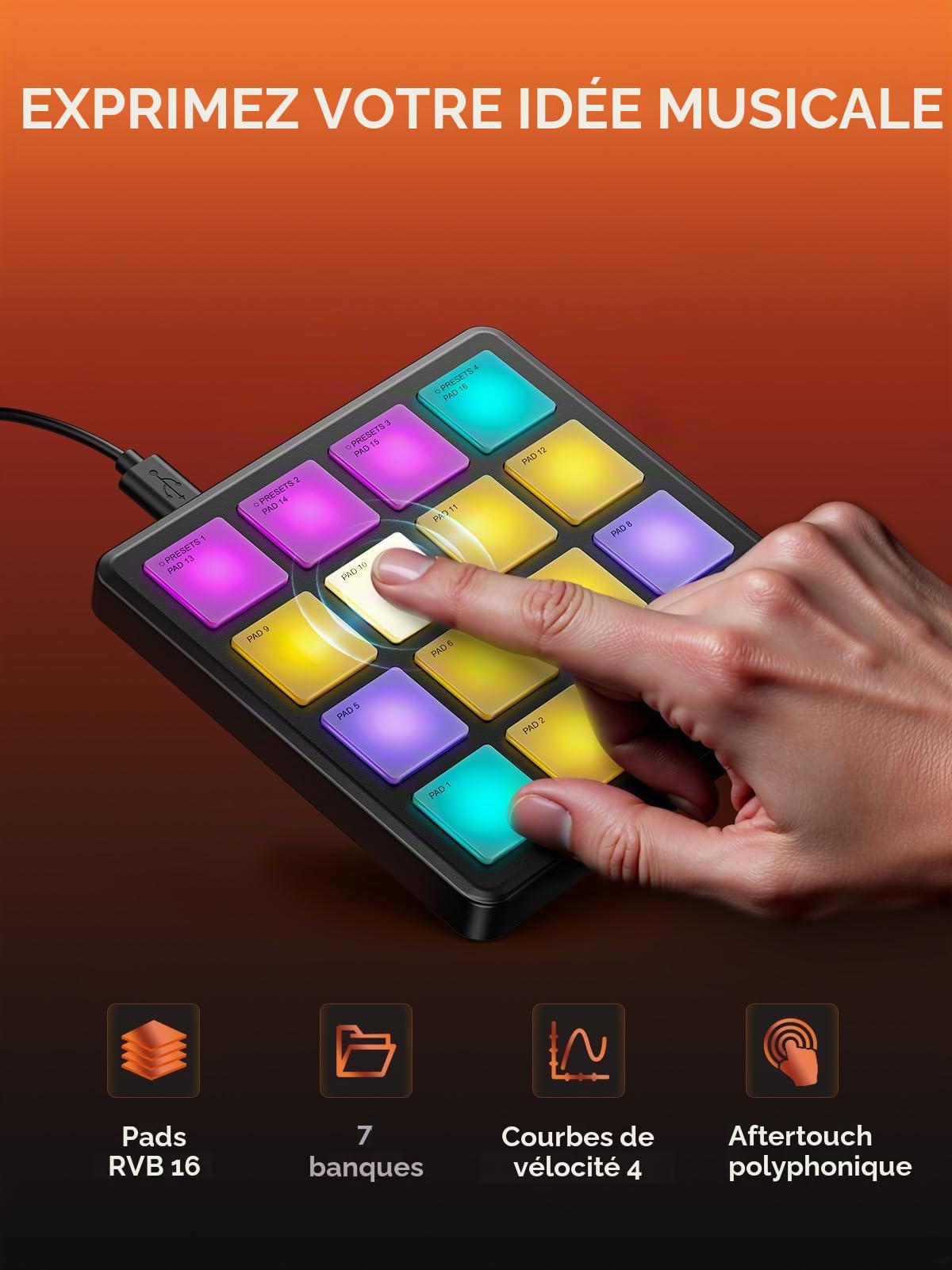 Donner Machine à Rythmes STARRYPAD MINI avec 16 Pads Rythmiques, Mini-Pad MIDI Portable, Répétition de Notes et Logiciel de Production Musicale inclus, Boîte à Rythmes avec 40 Pistes.