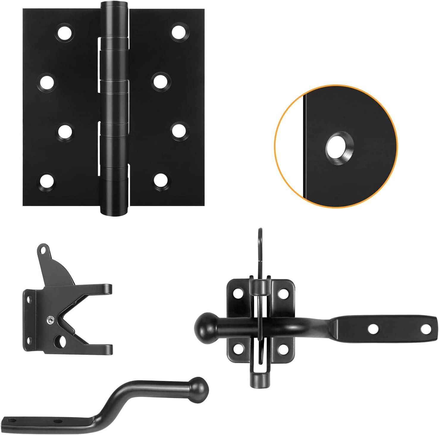Gate Hinges Hardware Kit,Black Durable Stainless Steel Material, with 2 Heavy Duty Door Hinges and a Latch,for Gardens, Fence Gates, Outdoor Use, Easy Installation