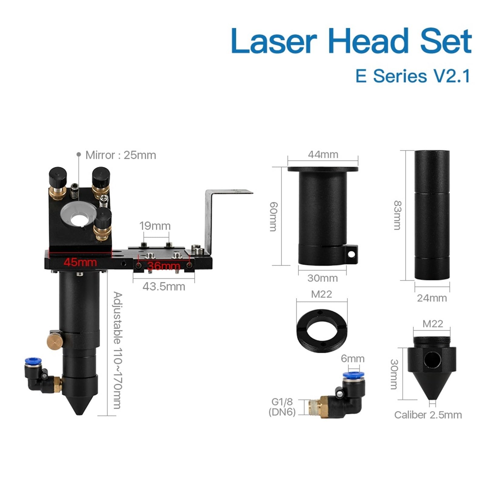 CO2 E Series Laser Head Set with Lens D20mm FL50.8 & 63.5 & 101.6 Mirror 25mm for Laser Engraving Cutting Machine